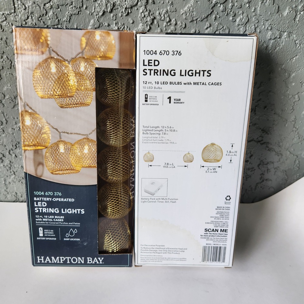 Hampton Bay 12ft LED String Lights 10 Metal Cage Bulbs Battery Operated Gold